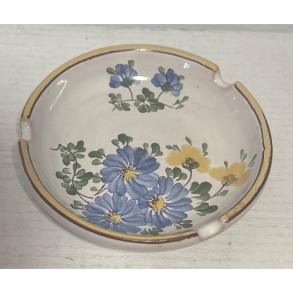 Hand-Painted Ceramic Ashtray With Floral Design & Yellow Trim 4" - Picture 3 of 8